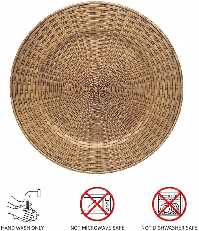 Rattan Chargers for Dinner Plates, 13" Antique Gold Charger Plates, Set of 6 Round Plastic Woven Texture Matte Finish for Wedding & Party (262)