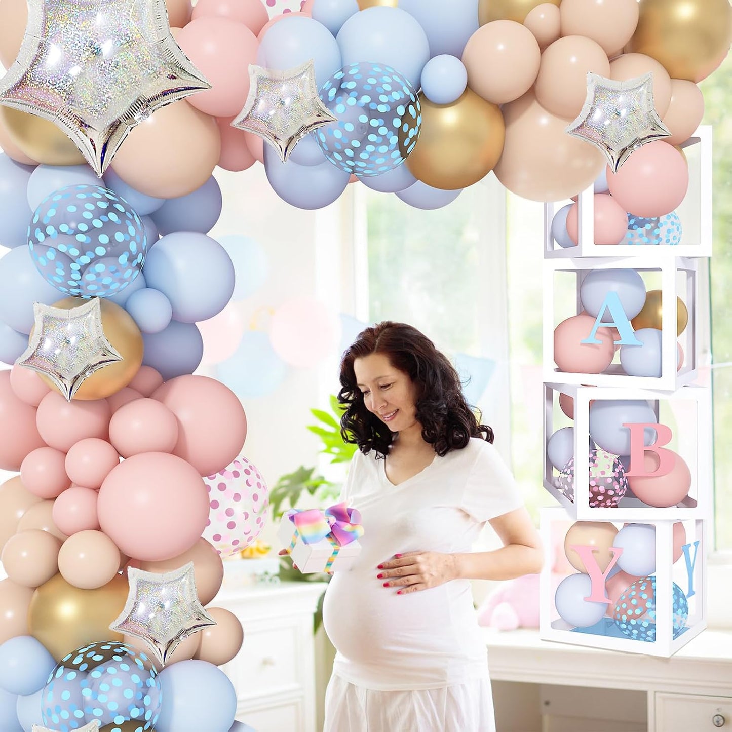 Amandir 164PCS Gender Reveal Balloon Boxes Decorations, Pink and Blue Balloon Garland Kit 4pcs Boxes with Letters (A-Z+Baby) for Baby Shower Birthday He or She Gender Reveal Party Supplies