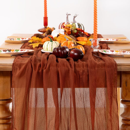 Terracotta Cheesecloth Table Runner 4 Pack Fall Burnt Orange Cheese Cloth Table Runners 120 Inches Rust Thanksgiving Fall Table Decorations for Friendsgiving Wedding Bridal Baby Shower Party