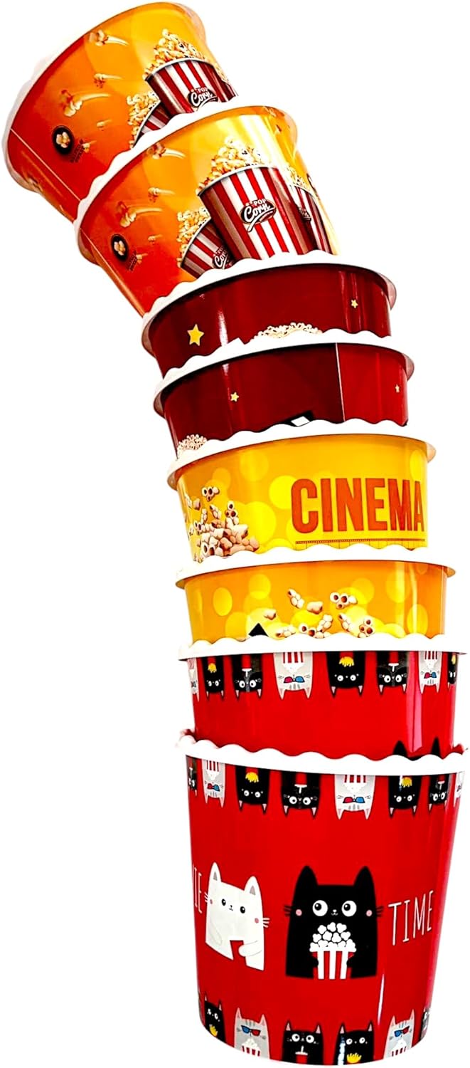 Modern Style Reusable Plastic Popcorn Box/Popcorn Containers/Popcorn Bowls Set for Movie Theater Night - (BPA Free - 8 Pack - 75 oz) (Popcorn Mix Z)