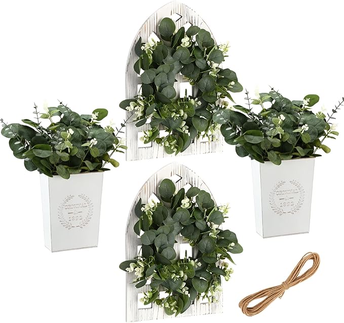 4 Sets 67 Pcs Farmhouse Wall Decor Set Rustic Window Frame Wall Decor with Eucalyptus Wreath and Metal Walls Planters Vintage Farmhouse Walls Art for Living Room Entryway(Arched Cathedral)