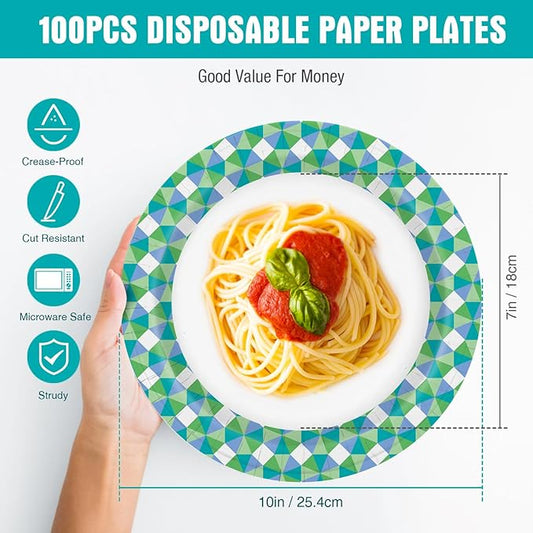 Charmount Paper Plates Bulk, 10 Inch Large Paper Plates, 100pcs Disposable Paper Plates, Blue Paper Plates for Parties and Daily Use, Soak Proof, Cut Proof, Green Printed
