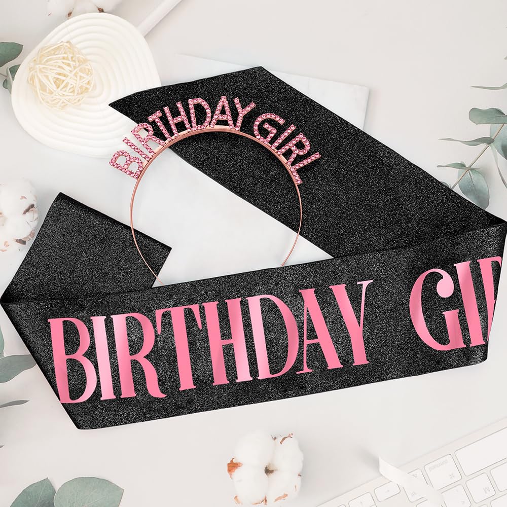 Birthday Crown Birthday Sash for Women, Birthday Girl Sash, Birthday Girl Crown, Glitter Black Birthday Sash and Crown Rhinestone Headband Set, Happy Birthday Girl Princess Tiara Sash Accessories