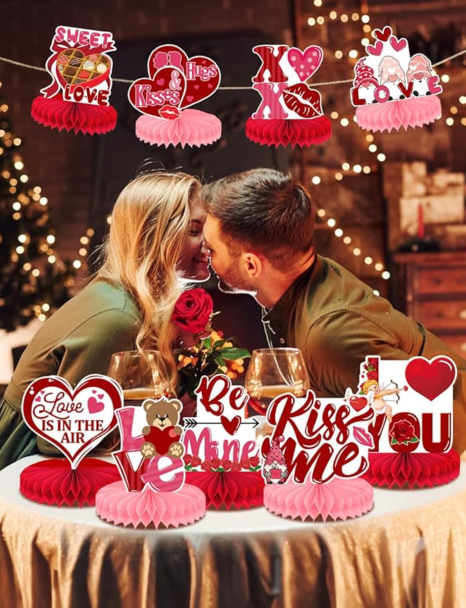 Centerpiece for Table Decorations, 9 Pcs 3D Honeycomb Certerpieces for Party Supplie(Valentines Day)