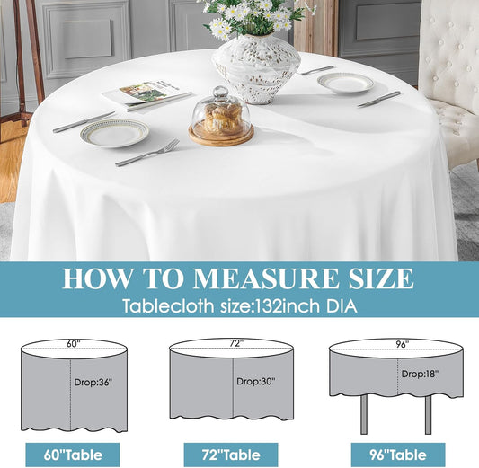 VidaFete Round Tablecloth 132inch 6pack Polyester Table Cloth, Stain Wrinkle Resistant Polyester Dining Table Cover for Kitchen Dinning Party Wedding Rectangular Tabletop Buffet Decoration(White)