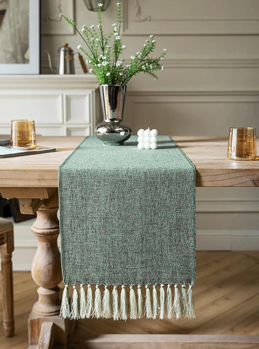 ZeeMart Green Table Runners 48 Inches Long, Burlap Linen Style Rustic Farmhouse Table Runner, Small Short Boho Coffee Table Runner, 13x48 Inches, Mineral Green