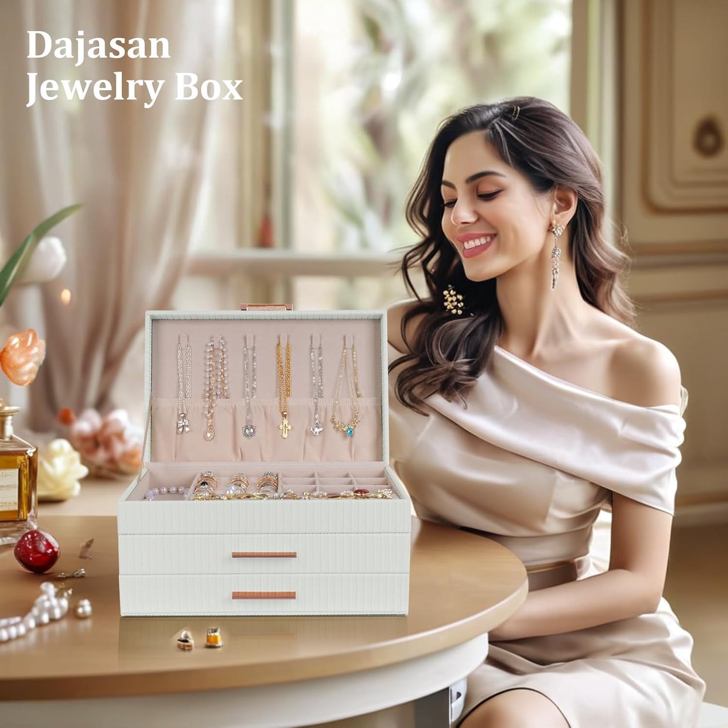 Dajasan Jewelry Boxes for Women, Jewelry Box Organizer with 2 Drawers, 3-Tier Large Jewelry Holder Organizer Box for Necklace Ring Earring Bracelet, Gift Idea, Modern Style (White)