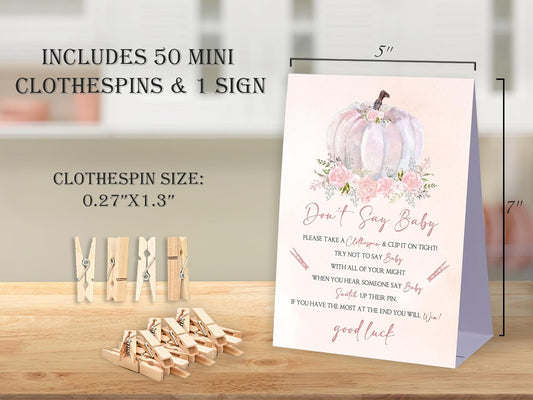 Don't Say Baby Baby Shower Game,Boho Fall Pumpkin Baby Shower Decorations,Rustic Baby Shower Decorations,Neutral Baby Shower Decorations,Baby Shower Game Ideas,1 Sign & 50 Mini Clothespins Set-B17