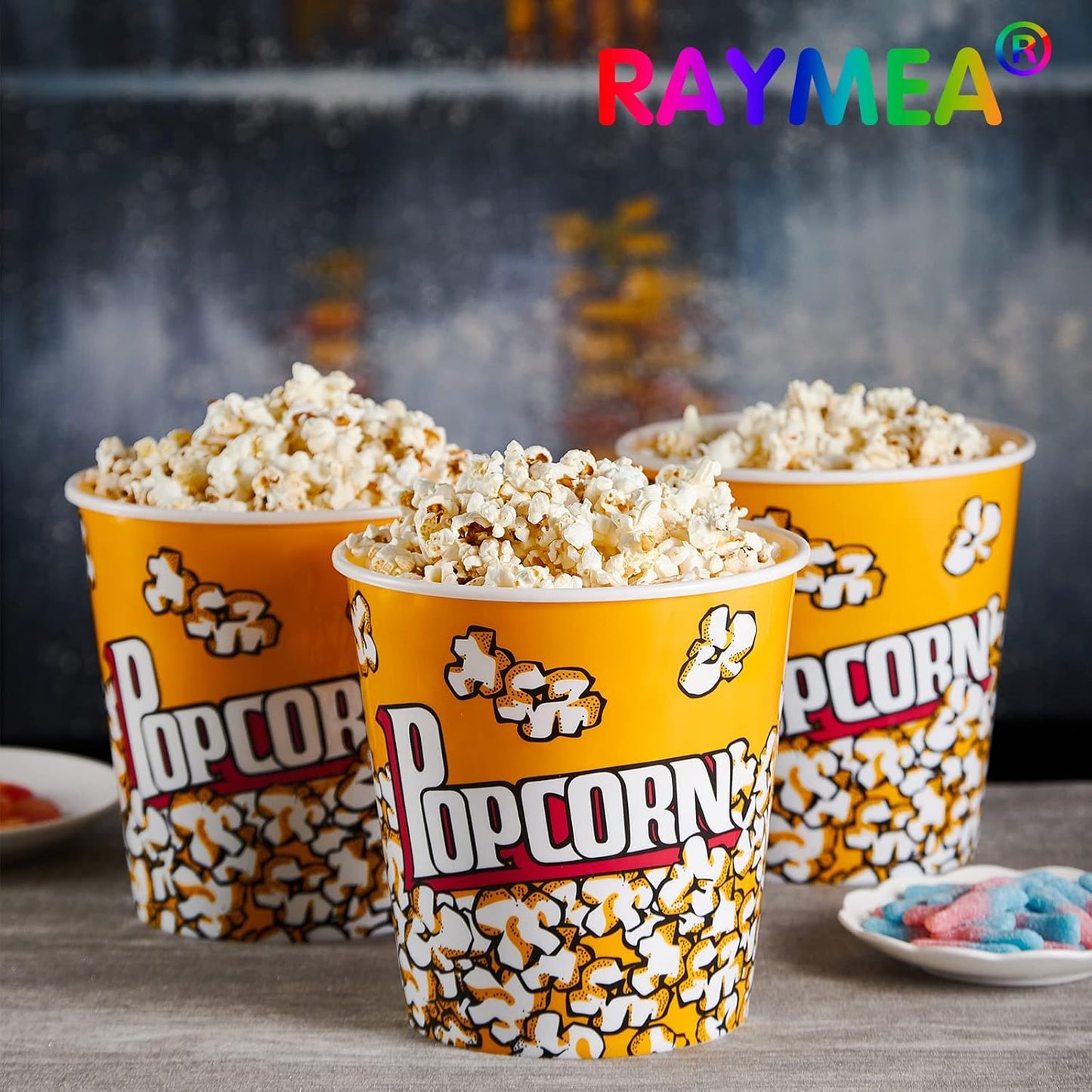 Plastic Popcorn Containers Retro Style Reusable Popcorn Buckets for Movie Night 7.1”x7.1”x5.1” - 4 Pack…