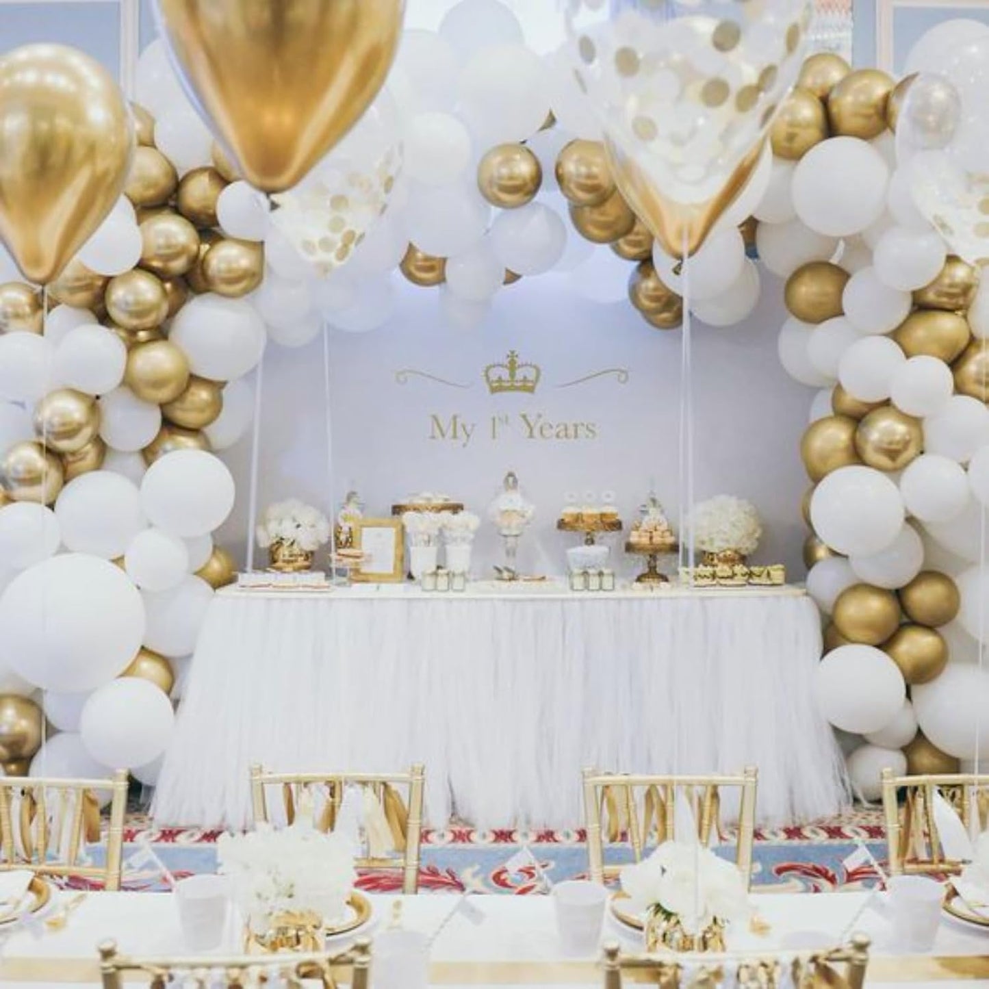 PartyWoo White and Gold Balloons, 140 pcs White and Metallic Gold Balloons Different Sizes Pack of 18 Inch 12 Inch 10 Inch 5 Inch for Balloon Garland or Arch as Birthday Decorations, Party Decorations