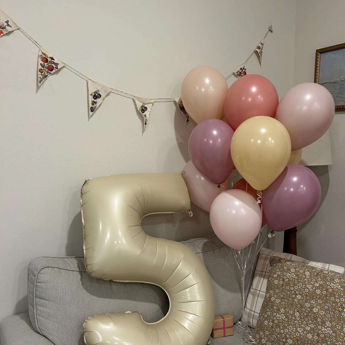 Smlpuame 40 Inch Beige Number 5 Balloons for 5th Birthday Decorations Boys Girl, Giant Self-Sealing Cream Foil Number 0-10 White Sand Balloon for Women Men Party Anniversary Baby Shower Supplies