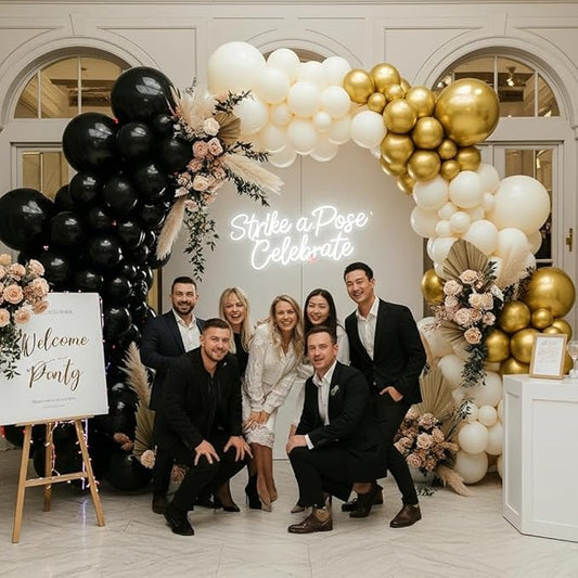 Black White and Gold Balloon Arch Kit – Double Stuffed Balloons in Black, Ivory with Metallic Gold – 5”/12”/18” Balloons for Graduation, Birthday, Retirement, New Year, Balloon Garland Decorations