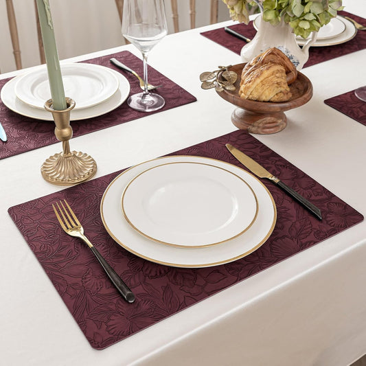 Romanstile Vinyl Placemats Set of 6-12 X 18 Inch - Heat Resistant Non-Slip Embossed Floral Place Mats 100% Waterproof Oilproof Wipeable Faux Leather Table Mats for Kitchen/Dining/Party, Burgundy