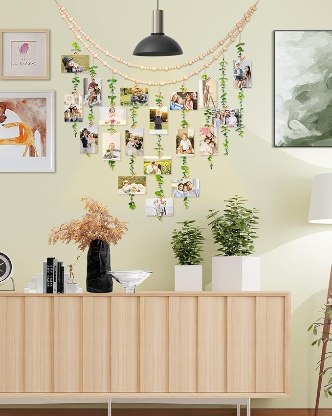 Boho Wall Decor with Photo Hanging Clips, Wooden Beads Garland with Greenery Eucalyptus Decor, Aesthetic Room Essentials for Bedroom, Office Cubicle, Home Wall Decoration