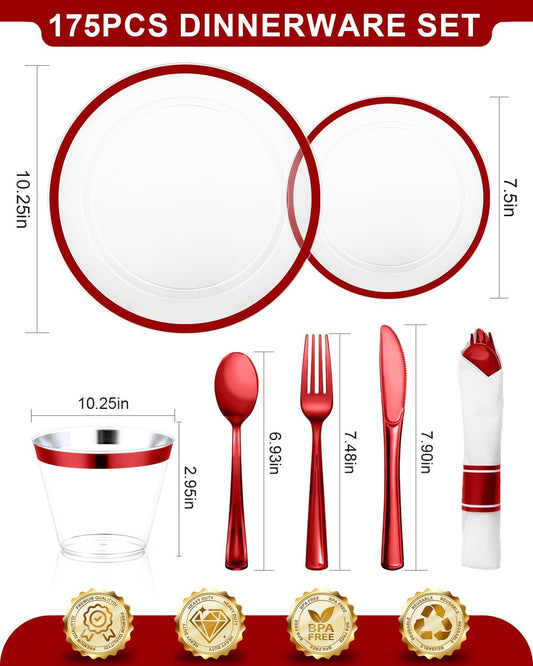 175PCS Plastic Plates for Party, Disposable Clear Red Dinnerware Sets Suitable for 25 Guests,50 Plastic Plates, 25 Cups, 25 Pre-Rolled Napkins with Cutlery for Party, Thanksgiving, Christmas, Wedding