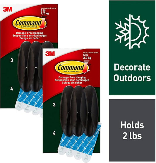 Command Outdoor Large Hooks, Bronze, Holds up to 5 lbs, 6-Hooks, 8-Strips, Damage Free Hanging Wall Hooks for Hanging Outdoor Wall Decor with Weather