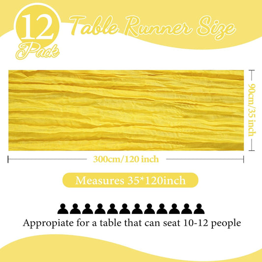 12 Pack 10FT Lemon Yellow Cheesecloth Table Runner 35x120 Inch Gauze Rustic Boho Table Runner Cheese Cloth for Wedding Decor Birthday Party Bridal Baby Shower Table Centerpiece Decoration