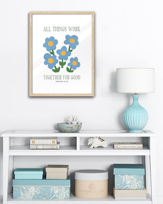 EcoHest Large 16x20in OAK Wood Framed Wall Art, Romans 8:28 All Things Work Bible Verse Christian Canvas Wall Decor, Blue Modern God Wall Prints for Bedroom Living Bathroom Religious Gift 1 Pack