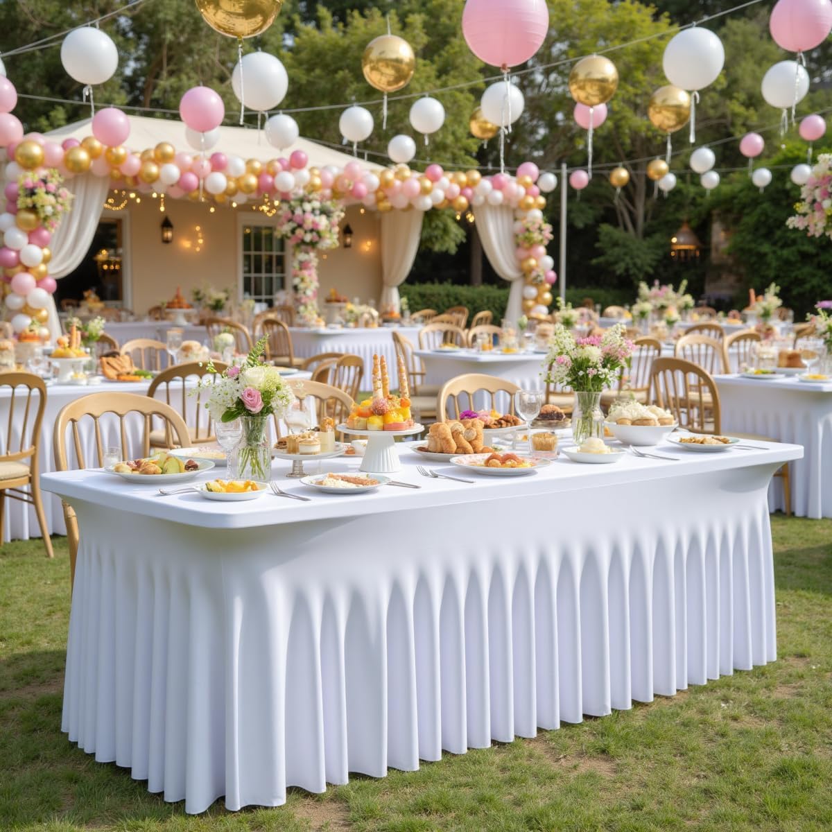 12pack White Spandex Tablecloths 6ft for Rectangle Tables, Wrinkle Free Classy Table Skirt Stretchy 6 Foot Fitted Table Cloths Covers for Weddings Birthday Party Events Banquette Baby Shower
