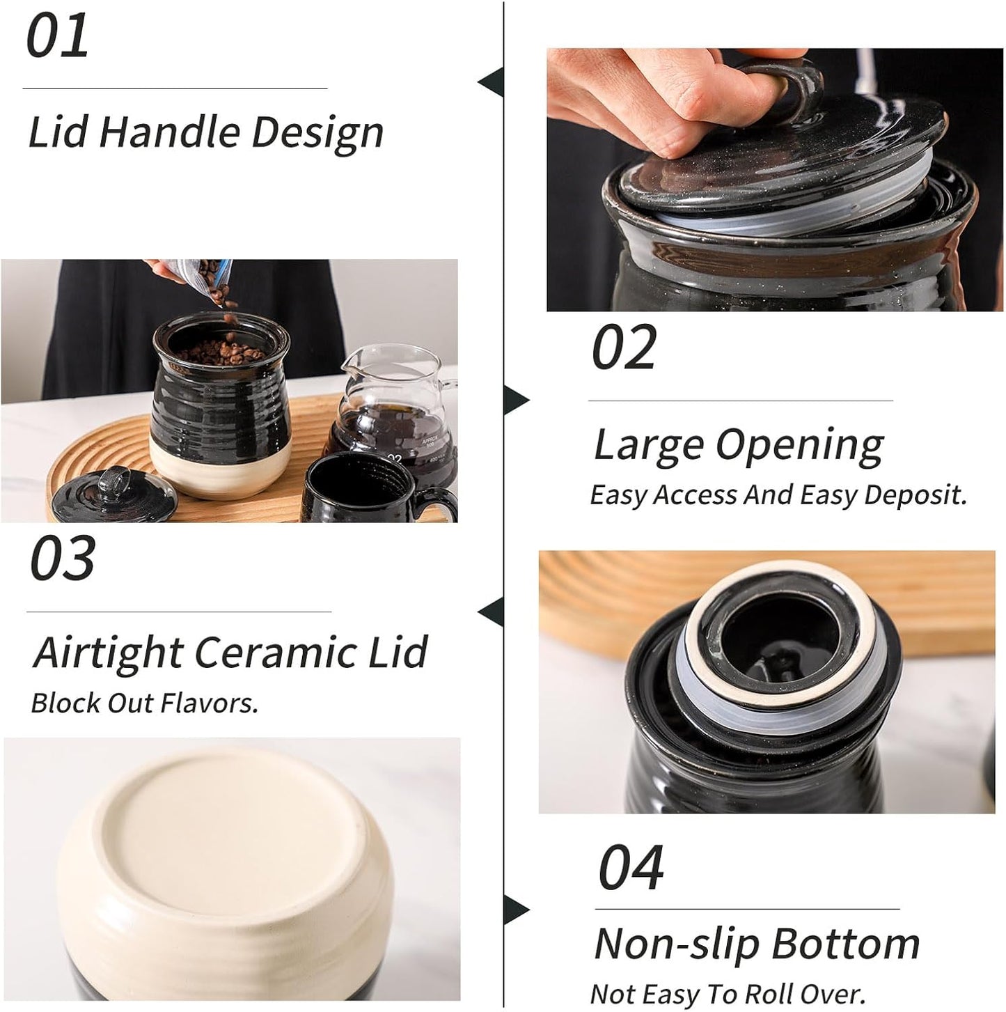 Hasense Ceramic Food Storage Jar with Airtight Lid, 35 oz Cookie Candy Jar for Coffee Beans, Tea, Sugar and More, Kitchen Storage Container for Countertop, Black Kitchen Decor