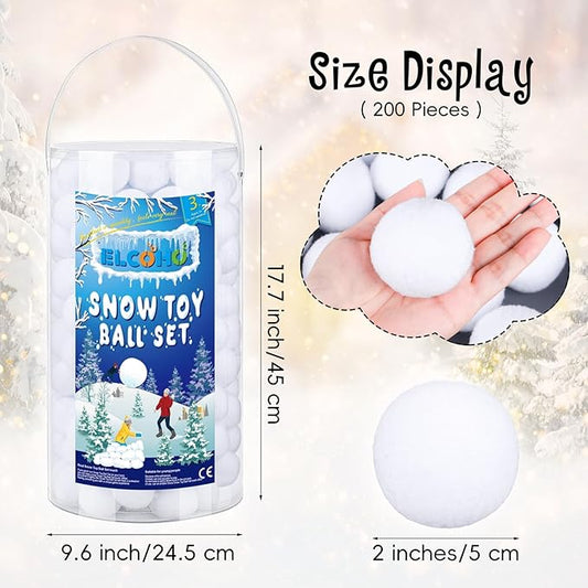 Elcoho 200 Pieces 2 Inch Artificial Snow Toy Ball Set with Bucket for Storage Kids Snow Fight Ball Realistic Snow White Plush Toss Ball for Kids Toss Game Winter Snow Fight Indoor Outdoor Xmas Decor