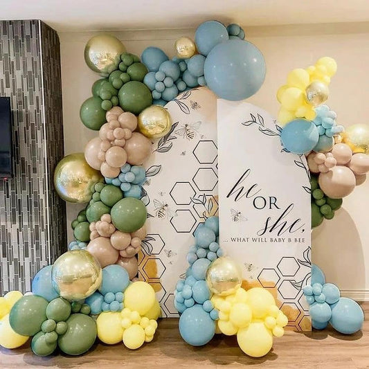 Blue Yellow Green Balloon Garland Double Stuffed Sage Green Dusty Blue Yellow Gold Balloons Pastel Balloon Arch Kit for Bear Baby Shower Wild One Birthday Wedding Anniversary Party Decorations