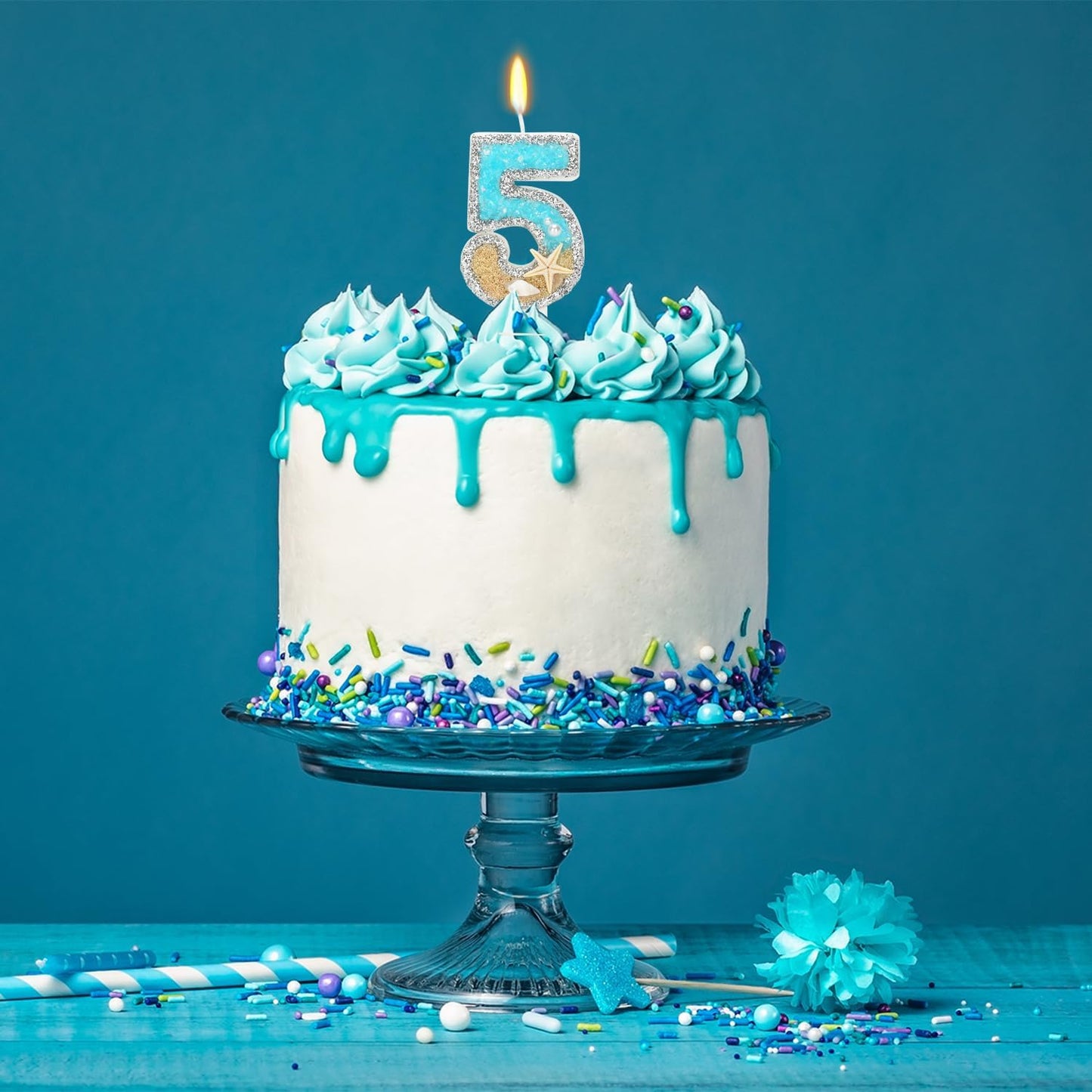 5th Birthday Candle for Cake, Beach Starfish Sequins Candles, 2.76 inch Cake Topper Decoration for Birthday Party (Number 5)