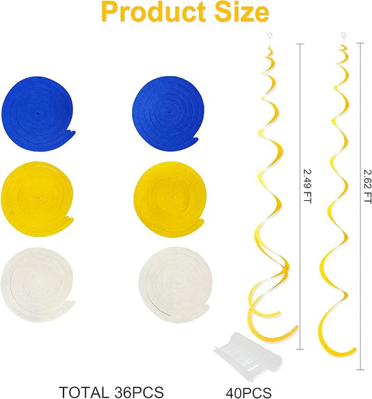 36 Pcs Royal Blue Yellow White Hanging Swirl Decoration Felt Swirl Streamer Spiral Ceiling Decorations Garland for Graduation Birthday Baby Shower Wedding Retirement Nautical Ahoy Achor Party Supplies