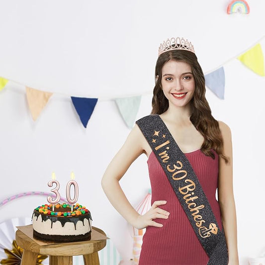 30th Birthday Decoration for Her with I'm 30 Bitches Sash, Rose Gold Tiara, Rose Gold Numbers 30 Candles, Sincere 30th Birthday Gifts for Women