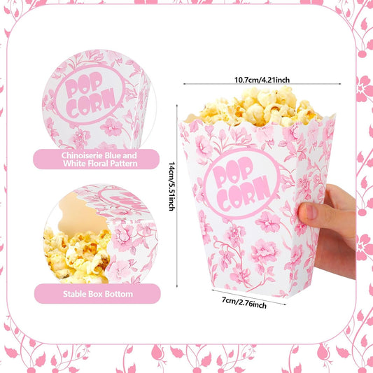 Marspark 50 Pack Pink Floral Party Popcorn Boxes - Chinoiserie Flowers Vintage Paper Popcorn Boxes Individual Servings for Birthday, Movie Night, Carnivals