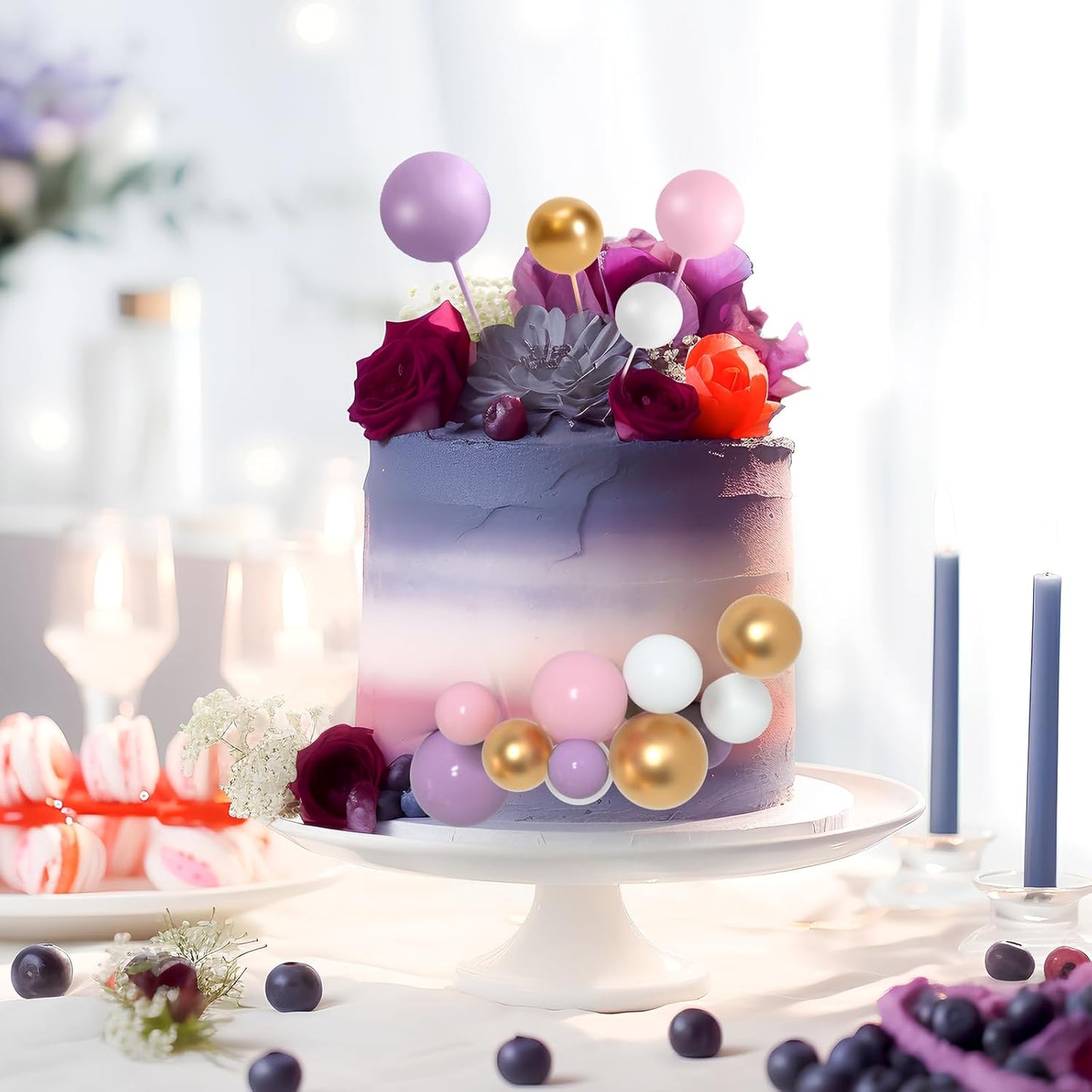 138 Pcs Balls Cake Topper Decorations Balloon Cupcake Toppers Foam Multisize Cake Topper Balls for Birthday Party Wedding Anniversary(Pink,Purple,White,Gold)