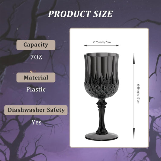 48PCS 7OZ Black Wine Plastic Glasses Drinking Champagne Glasses Flutes Crystal Vintage Water Unbreakable Goblets for Halloween, Wedding, Parties