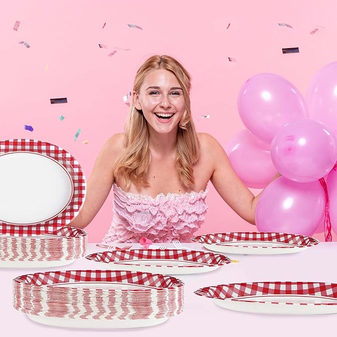 50Pcs Gingham Oval Paper Plates 10" x 12" Large Disposable Heavy Duty Valentine‘s Day Red and White Buffalo Checked Plaid Paper Dessert Platter Plates for Valentines Day Picnic Birthday Party Supplies