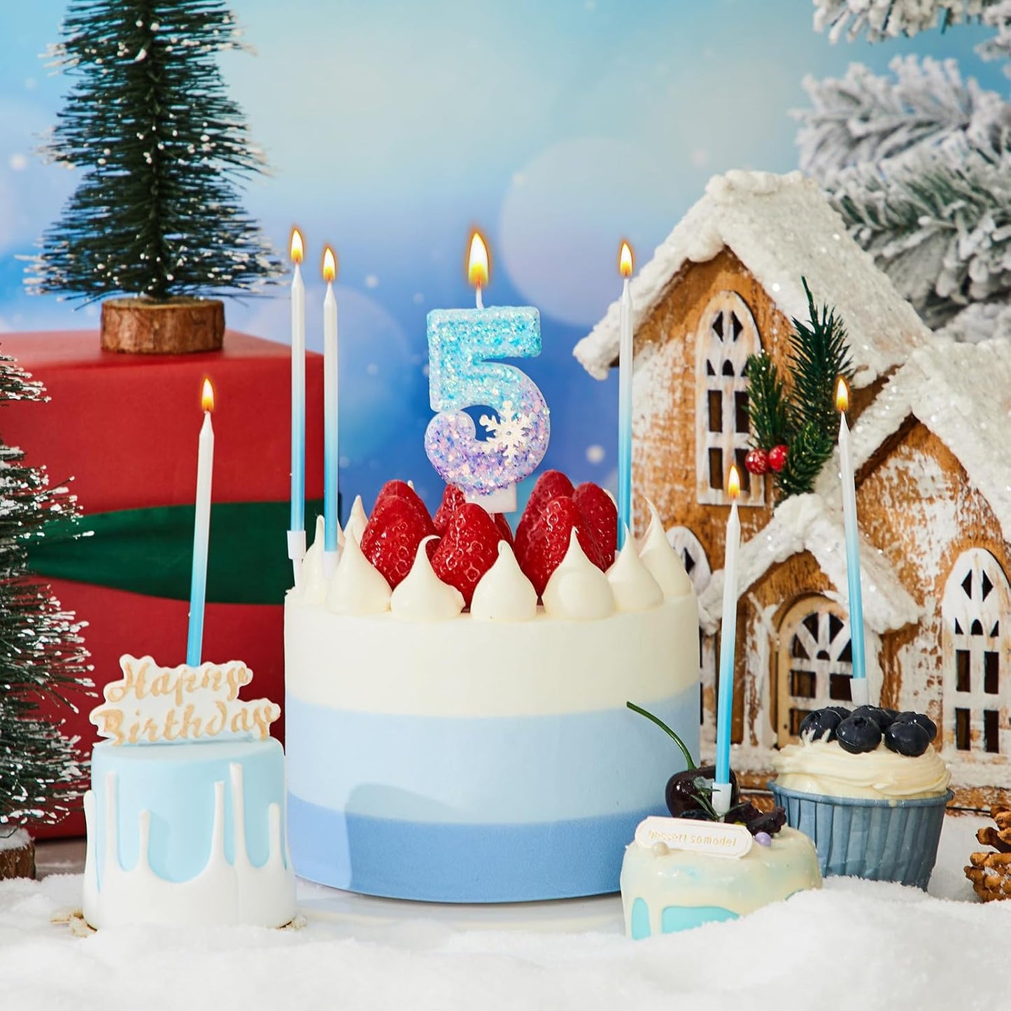 MTLEE Number 5 Birthday Candle Blue Snowflake with 6 Long Thin Cupcake Candles Blue Sparklers Glitter Number Happy Birthday Cake Topper Decorations for Winter Party Supplies