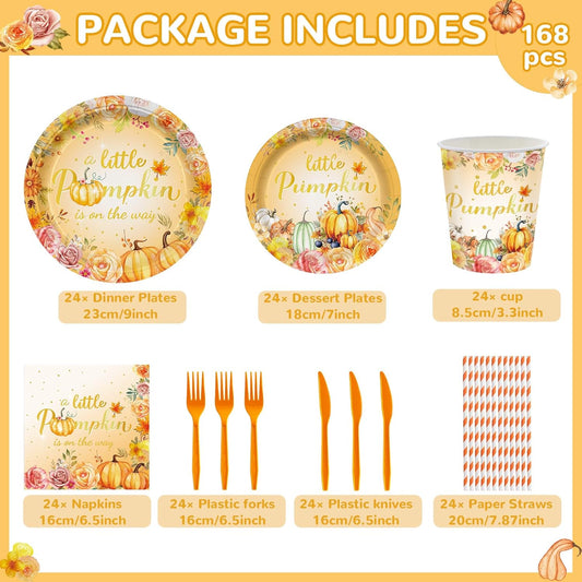 168PCS Little Pumpkin Party Supllies for Girls Boys Boho Fall Floral Birthday Party Decorations Thanksgiving Tableware Autumn Farm Plates Cups Napkins Cups Dinnerware for 24 Guests