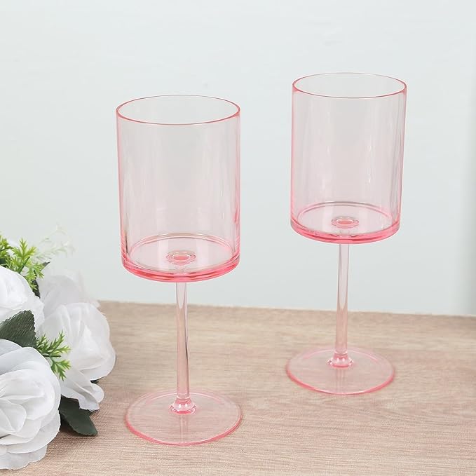 Efavormart 6-Pack Transparent Blush Plastic Cylindrical Wine Glasses 10oz, Long Stem - Shatterproof Reusable Cocktail Glasses