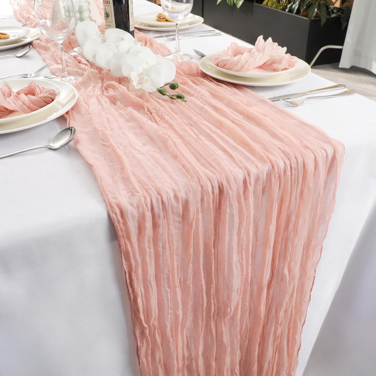 NESCCI 2 PCS Dusty Pink Table Runner,Rustic Boho Cheesecloth Table Runner,35x120 Inches Runners for Tables, Pefect for Mothers Day Wedding Baby Shower Birthday Party Home Decorations