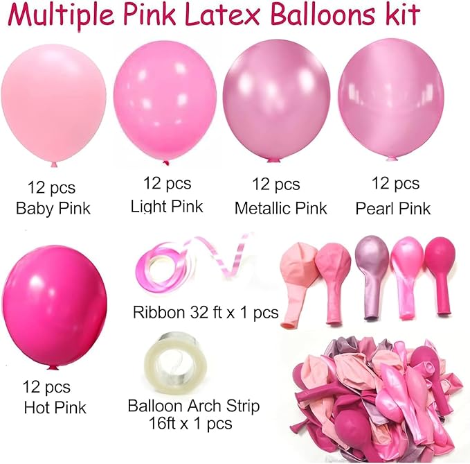 Pink Balloons Metallic Pink Balloon, 60Pcs 12Inch Chrome Deep Light Pearl Hot Pink Latex Balloons for Birthday,Wedding,Baby Shower,Galentines day Decorations