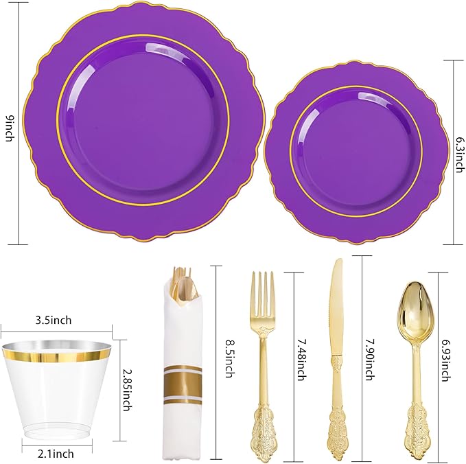 Liacere 175PCS Purple Plastic Plates-Disposable Purple and Gold - 25 guest Baroque Plastic Dinnerware include 50Plates,25Pack Pre Rolled Napkins with Silverware 25Cups for Wedding&Party