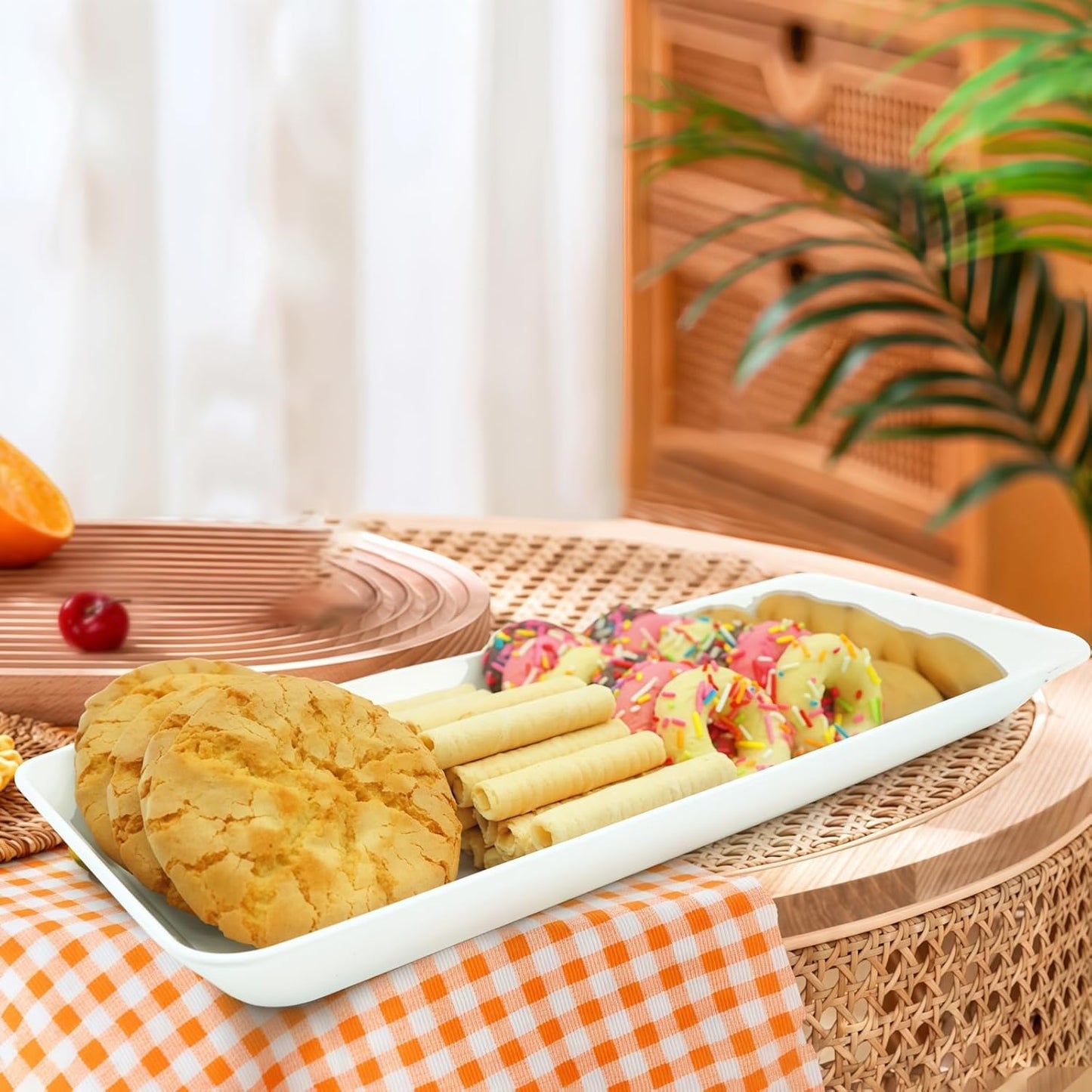 Serving Tray Platter Rectangle, 4 Pcs Long Narrow Food Tray for Veggie Fruit Snack Dessert, Plastic White Food Trays for Party Supplies Display, Rectangular Platters for Serving Food, BPA Free