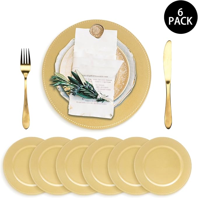 MAONAME 13" Gold Charger Plates Set of 6, Round Charger for Dinner Plates, Plate Chargers with Beaded Rim, Plastic Table Chargers for Wedding, Party