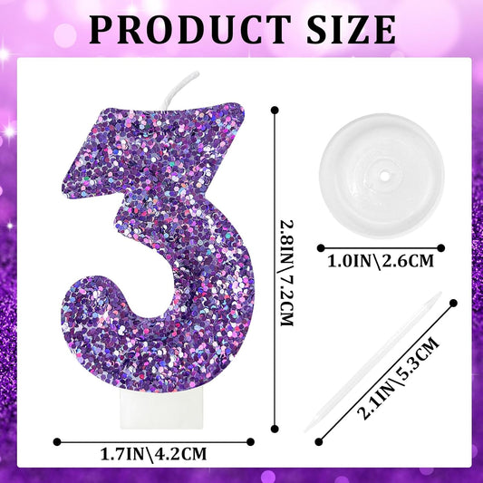 Birthday Number Candles, Glitter Number Candle Cake Decorations with Sequins, Cupcake Decorations for Girls, Women, Party Anniversary Celebrations (Number 3, Purple)