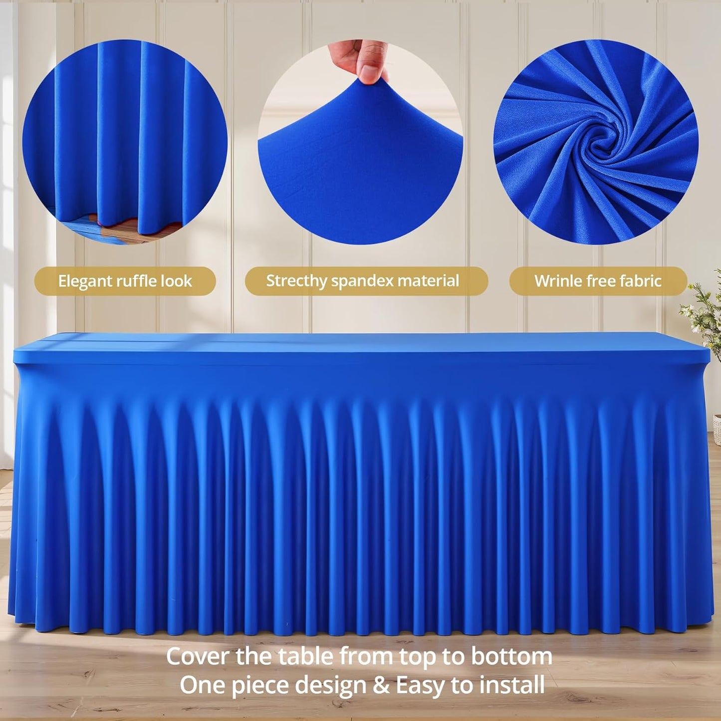4 Pack 6ft Royal Blue Spandex Table Cloths for Rectangle Tables Wrinkle Free Rectangle Tablecloths, Stretch Fitted Table Cover with Skirt for Birthday Party Wedding Banquet Baby Shower Buffet Event