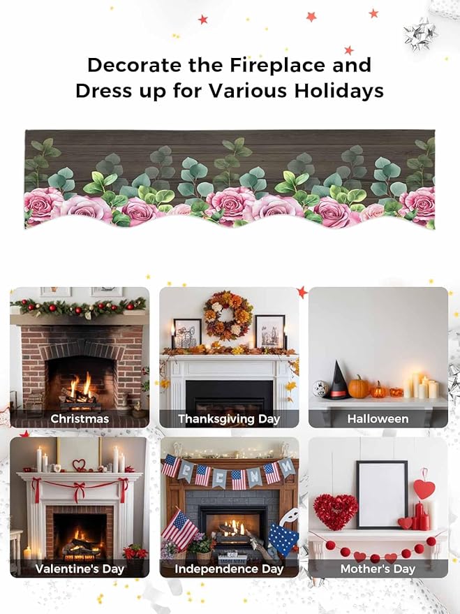 Spring Pink Roses Fireplace Mantel Scarf Table Runner, Pastoral Eucalyptus Leaves Brown Wooden Winter Garland Mantel Top Tablerunners Dresser Scarves Cover for Windows Party Living Room 90''x17''