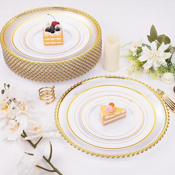 EI 13 Inch Gold Charger Plate,50pcs Clear Charger Plates with Gold Rim,Disposable Chargers Plate,Plastic Chargers Plates for Dinne Family Party and Wedding