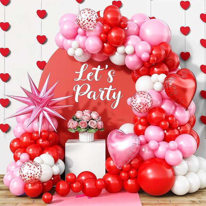 Pink Balloon Garland Arch Kit,Red Pink White Balloon Garland with 18Inch Heart Balloons and 22Inch Star Balloons for Mother's Day Valentines Birthday Wedding Anniversary Party Decorations