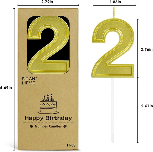 BEAN LIEVE Gold Birthday Candles Number 2, Gold Number Candles, Cake Number Candles for Birthday Parties and Wedding Anniversary Celebrations