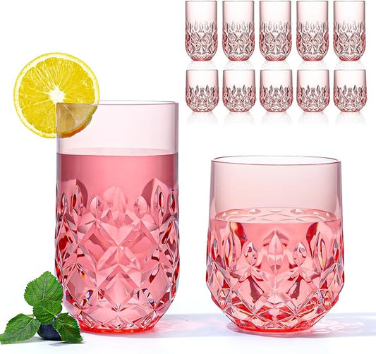 Acrylic Drinking Glasses Set of 12 Pink Mixed Drinks Glassware Unbreakable Palstic Tumbler and Rocks Glass Set 6pcs 18oz Highball and 6pcs 12 oz Cocktail Glasses for Cocktail Iced Coffee Beer Whiske