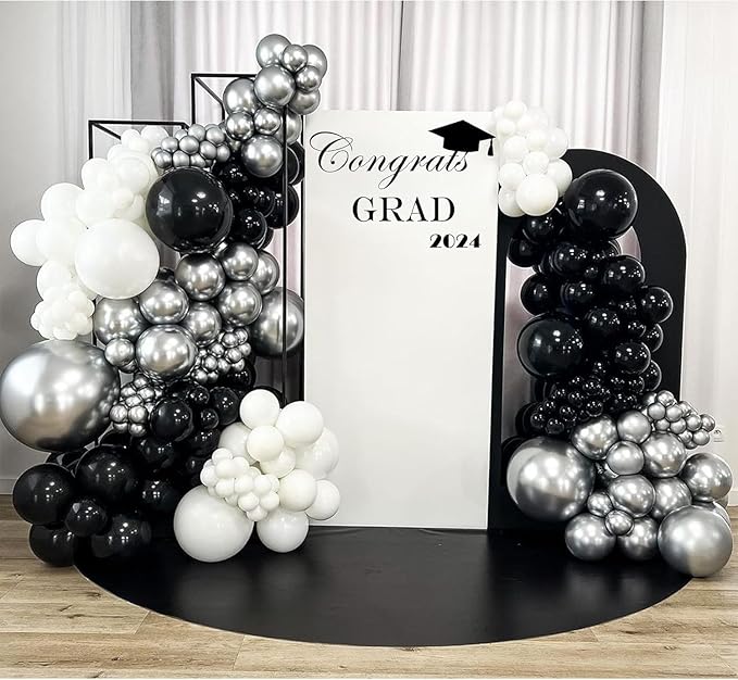 153Pcs Black and Silver White Balloon Garland Arch Kit with Stars, 22 18 12 10 5 inch Disco Ball Balloons Black White Metallic Silver Confetti Balloon for Birthday Graduation Party Decorations