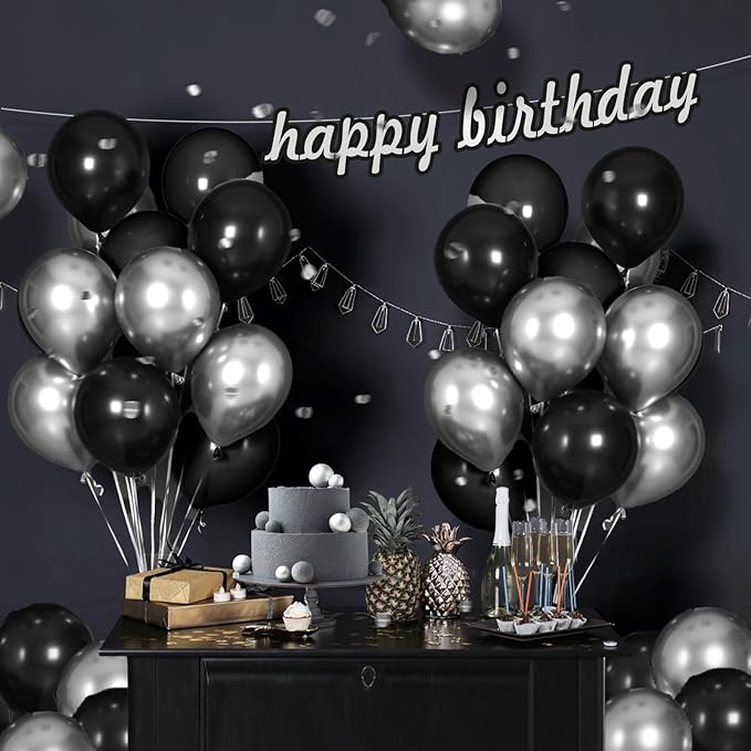 Black and Silver Balloons, 60pcs 12inch Black Metallic Silver Balloons for Graduation 2025 Birthday Party Decorations
